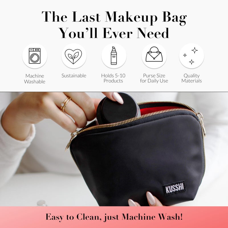 KUSSHI Washable Travel Makeup Bag for Purse (Everyday, Satin Black/Red) - Image 2